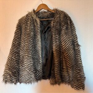 MNG Suit Mango Faux Fur Striped Open Front Women's Sweater Jacket - Black/Gray